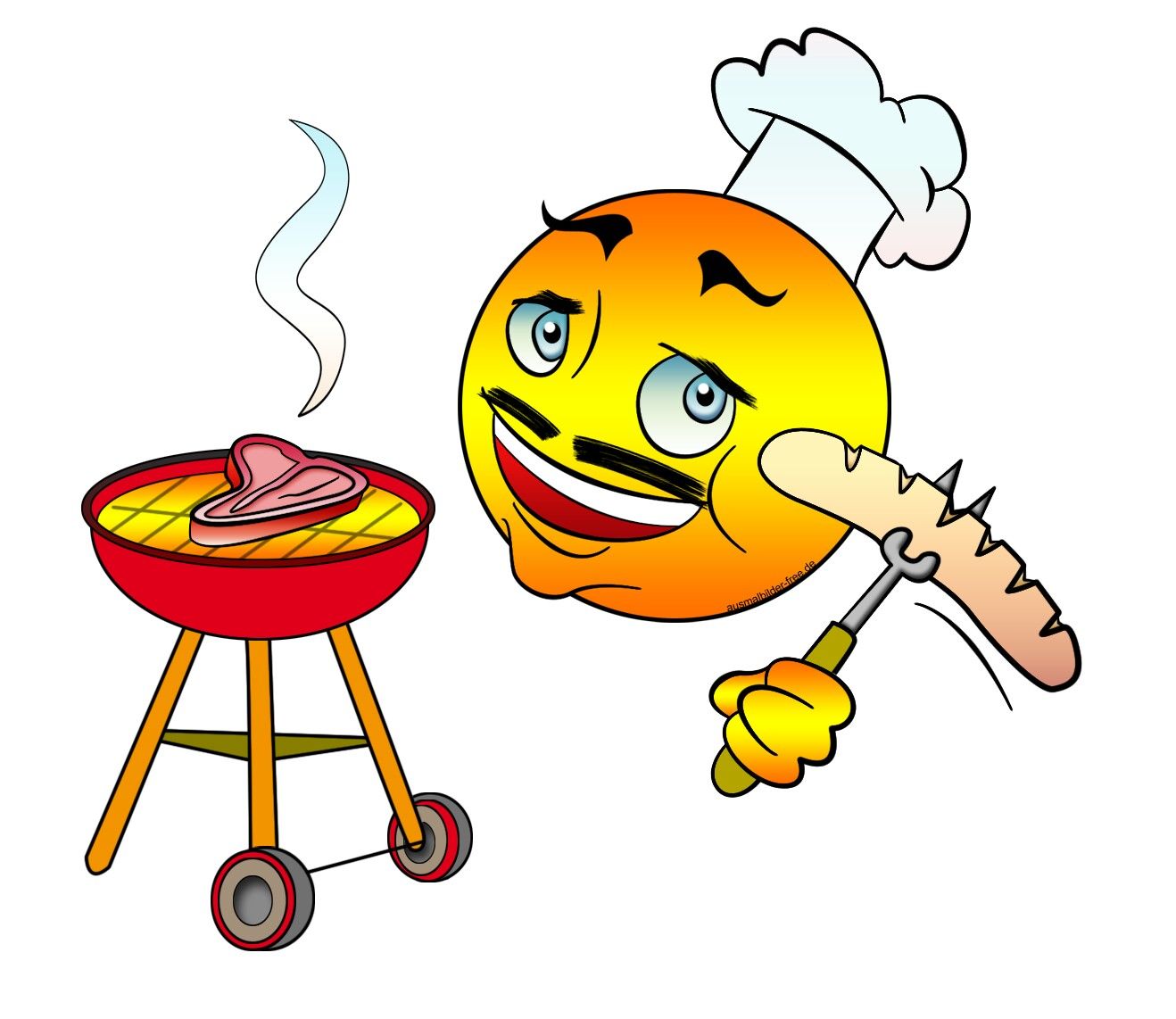 Szczęśliwa emotikonka smaży steka i trzyma kiełbaskę